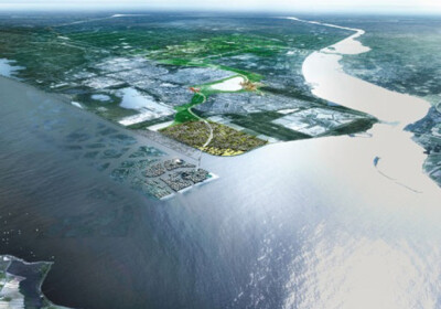 Almere 2030, bei Nacht. Vorne die neue Insel Ijland, dahinter Almere Pampus