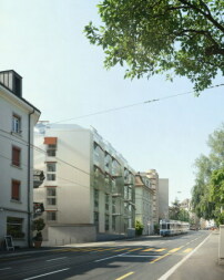 Visualisierung des fnfstckigen Projekts Stampfenbachstrae in Zrich von Edelaar Mosayebi Inderbitzin Architekt*innen: Straenansicht mit Fassade aus Aluminiumpaneelen 