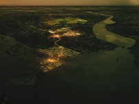 Almere 2030, bei Nacht. Vorne die neue Insel Ijland, dahinter Almere Pampus 